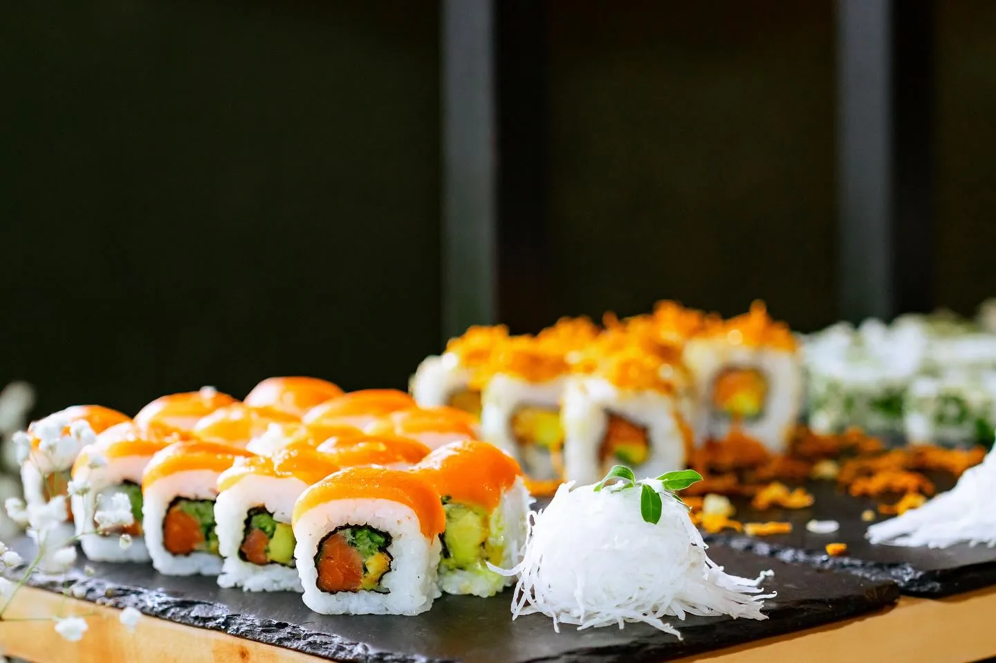 A platter of sushi rolls cut to order at Kultura